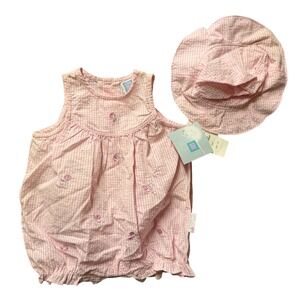 Little Me Baby Girl Pink Gingham Poppy Embroidered Bubble Romper Hat Set 3M NWT